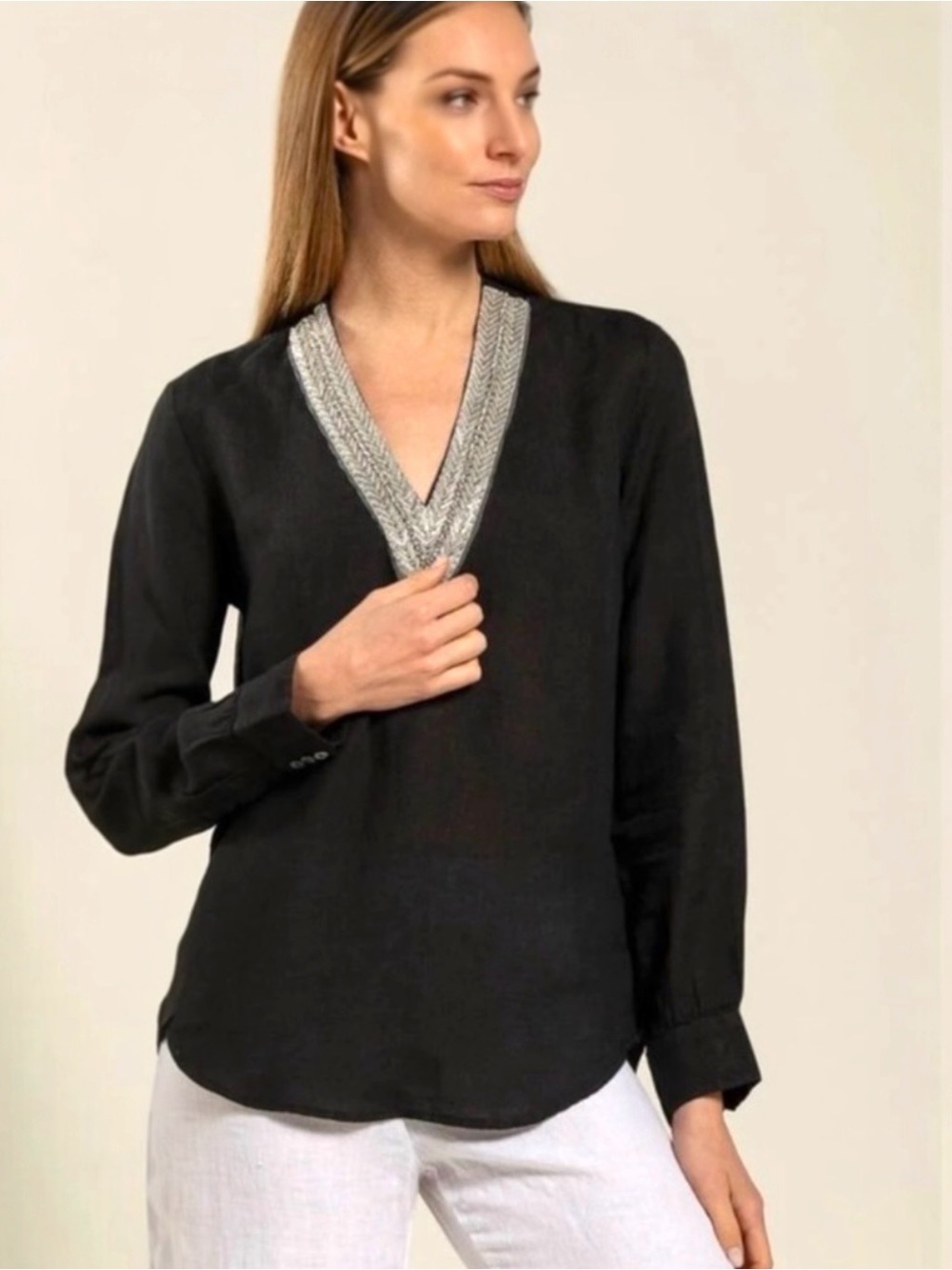 120% LINO Long Sleeve Blouse V-Neck Sequin Embellished Popover Linen Shirt NEW